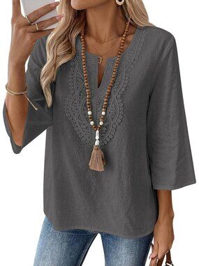 Women's Dark Gray V Neck Pull On Loose Fit Blouses Sleeve Top Cotton Linen Shirt